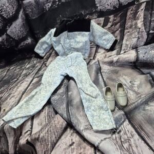 Vintage Barbie Ken Doll Clothes Stone Washed Denim Tracksuit Fashion Mattel EUC